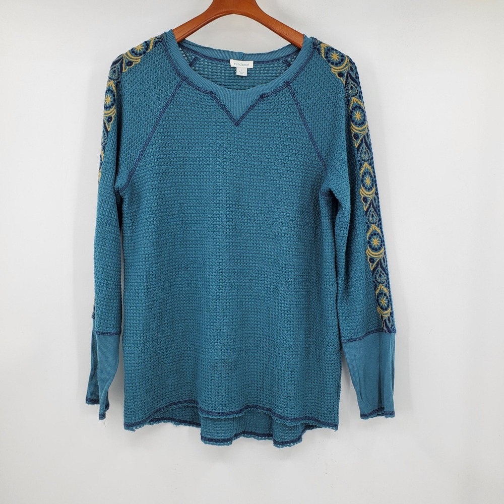 Sundance Teal Blue Waffle Knit Embroidered Sleeve Thermal Top Large